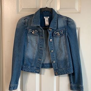 Bebe Girls denim jacket with pocket pearl detail